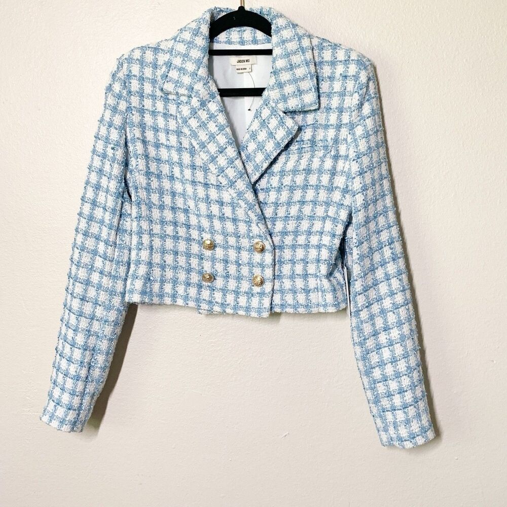Jason Wu Crop Tweed Blazer Jacket 2 Blue White Double Breasted NWT NEW